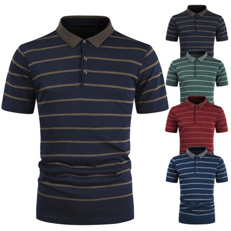 New Summer Men's Striped T-Shirt Lapel Casual Short Sleeves
