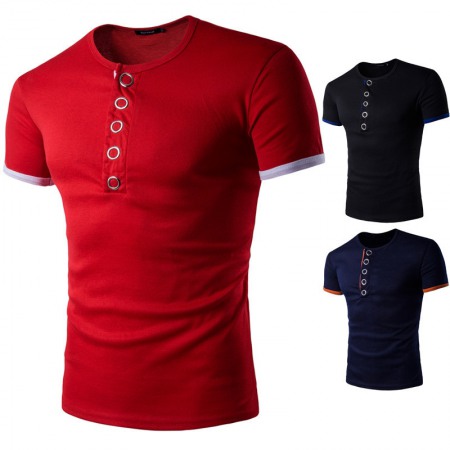 New Summer Men's Placket Knock Button Hit Color Short-Sleeved T-Shirt Casual Lapel Bottoming Shirt