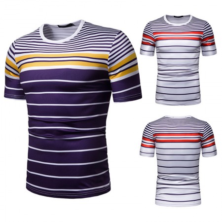 New Summer Men's Short-Sleeved T-Shirt Contrast Striped Slim Casual T-Shirt